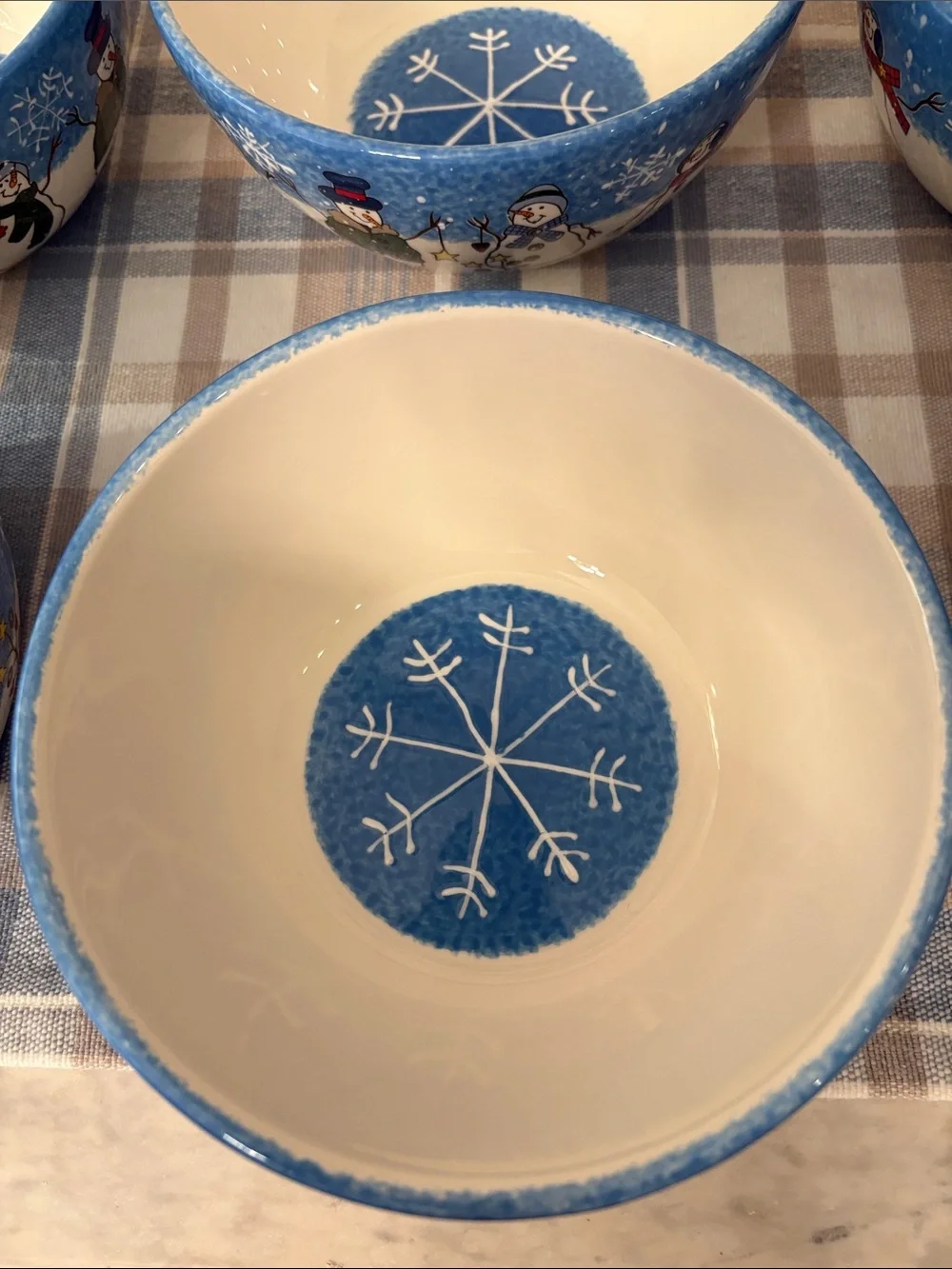 St. Nicholas Square 6 Button Up Blue Snowman Cereal / Soup Bowls Holiday